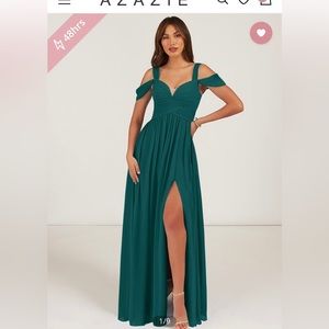 Azazie “Lianne” floor-length dress in the color Peacock (teal). Size 2